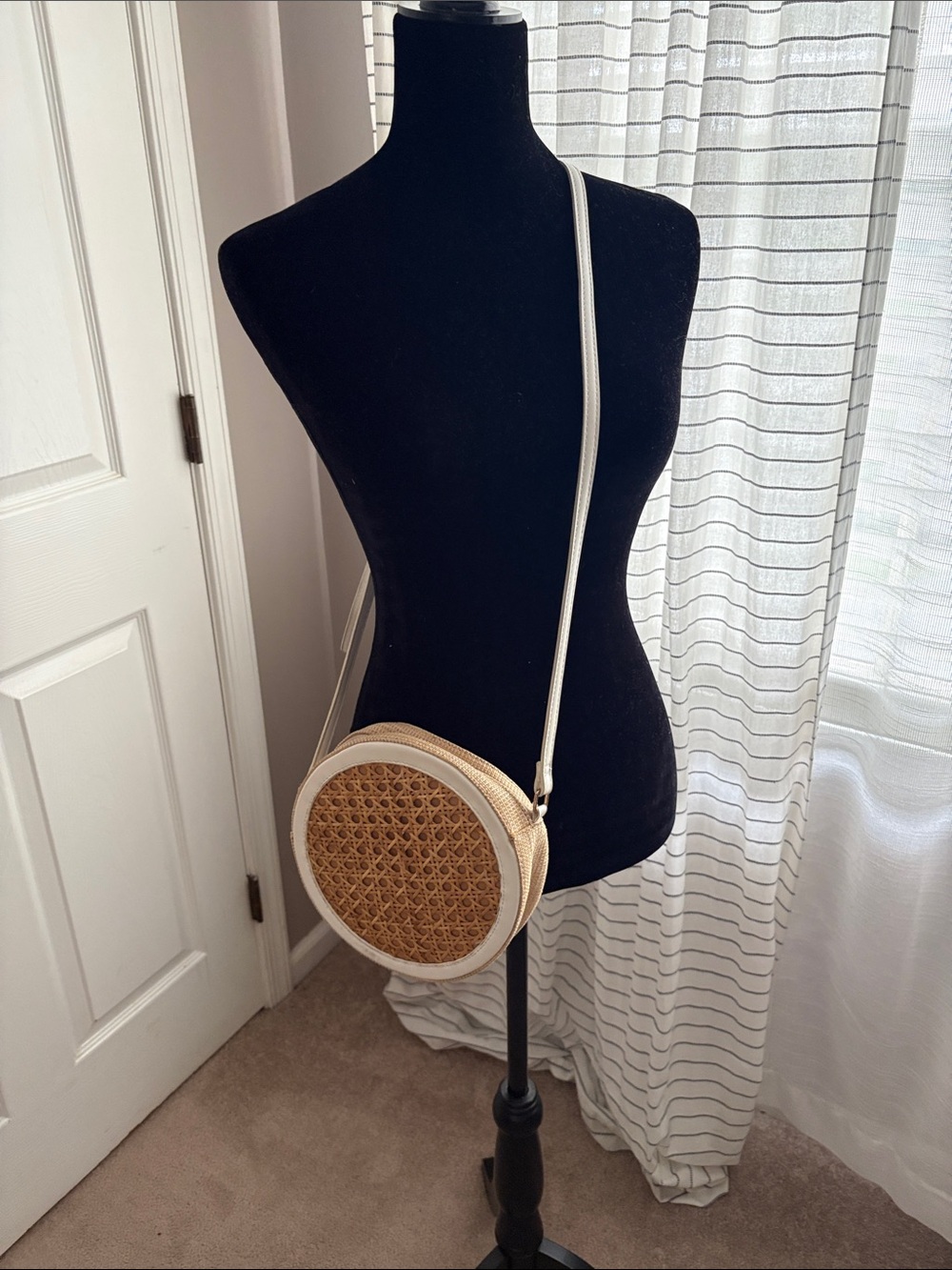 Round Woven Crossbody Bag in Cream and Tan - Picture 1 of 9